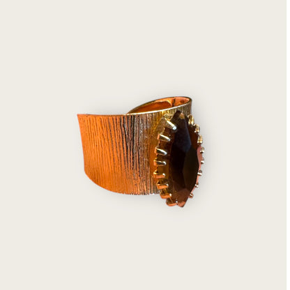 Vintage SARAH Coventry Gold Tone Textured Wide Band Ring – Root Beer Marquise Rhinestone, Adjustable Statement Fit