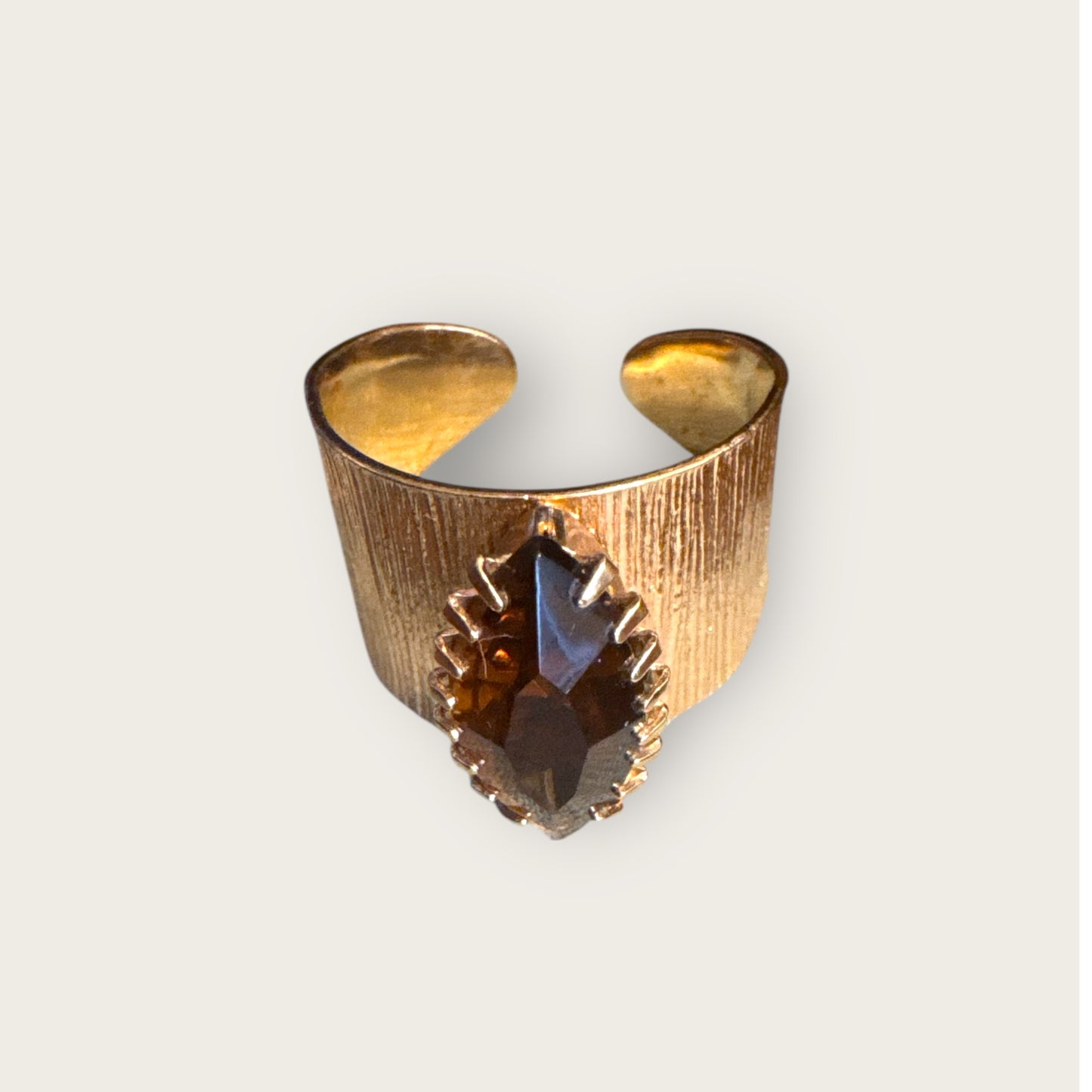 Vintage SARAH Coventry Gold Tone Textured Wide Band Ring – Root Beer Marquise Rhinestone, Adjustable Statement Fit
