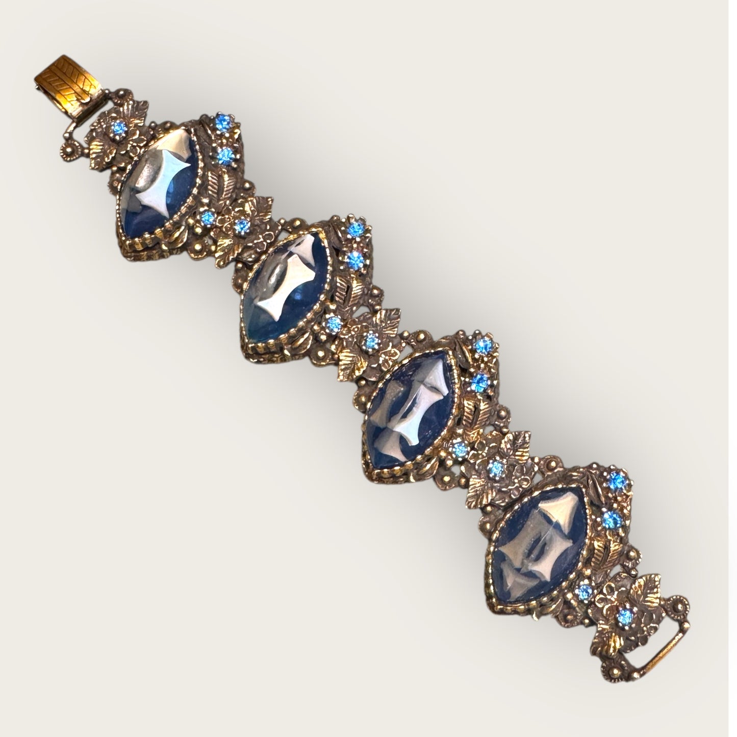 Dramatic Vintage Panel Link Bracelet with Carved Blue Celluloid Cabochons & Sapphire-Blue Rhinestones