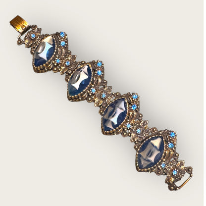 Dramatic Vintage Panel Link Bracelet with Carved Blue Celluloid Cabochons & Sapphire-Blue Rhinestones