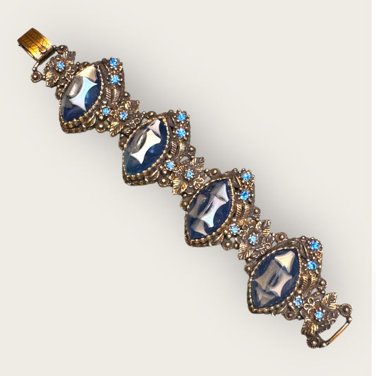 Dramatic Vintage Panel Link Bracelet with Carved Blue Celluloid Cabochons & Sapphire-Blue Rhinestones