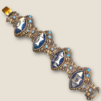 Dramatic Vintage Panel Link Bracelet with Carved Blue Celluloid Cabochons & Sapphire-Blue Rhinestones