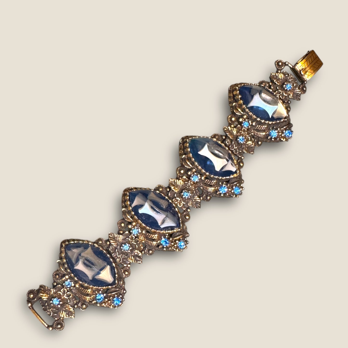 Dramatic Vintage Panel Link Bracelet with Carved Blue Celluloid Cabochons & Sapphire-Blue Rhinestones