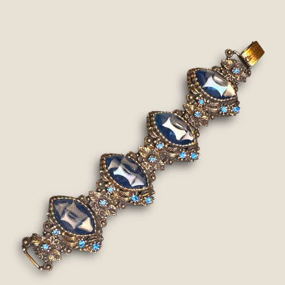 Dramatic Vintage Panel Link Bracelet with Carved Blue Celluloid Cabochons & Sapphire-Blue Rhinestones