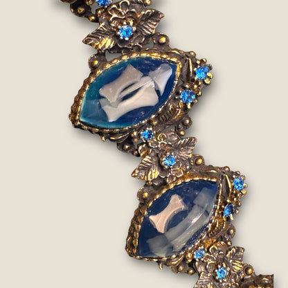 Dramatic Vintage Panel Link Bracelet with Carved Blue Celluloid Cabochons & Sapphire-Blue Rhinestones