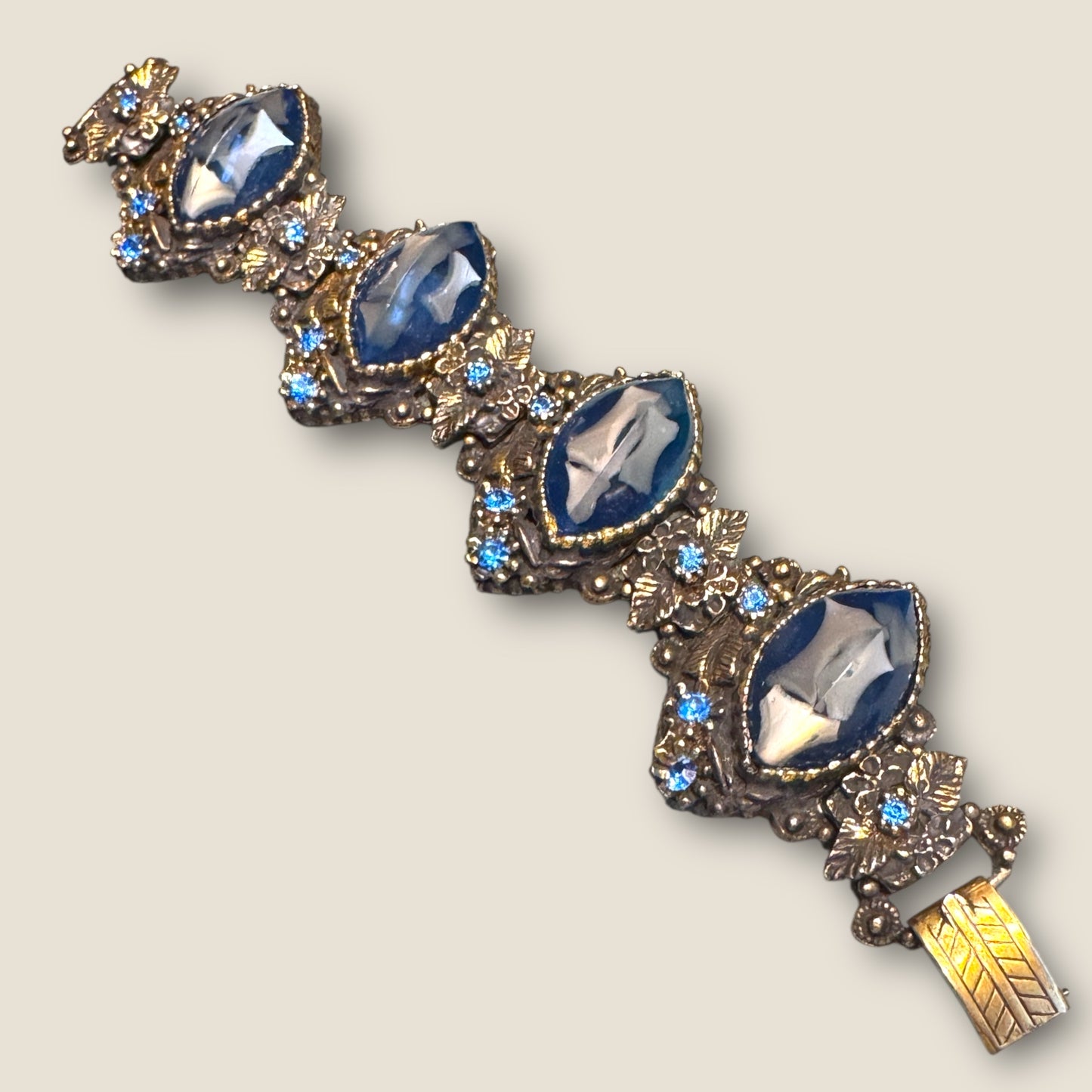 Dramatic Vintage Panel Link Bracelet with Carved Blue Celluloid Cabochons & Sapphire-Blue Rhinestones