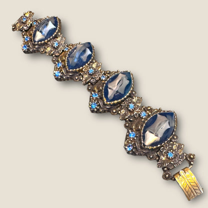 Dramatic Vintage Panel Link Bracelet with Carved Blue Celluloid Cabochons & Sapphire-Blue Rhinestones