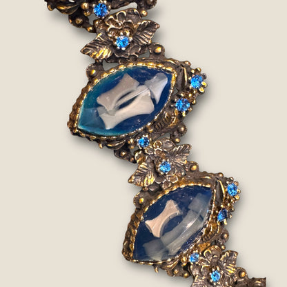 Dramatic Vintage Panel Link Bracelet with Carved Blue Celluloid Cabochons & Sapphire-Blue Rhinestones
