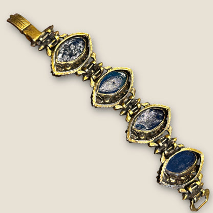 Dramatic Vintage Panel Link Bracelet with Carved Blue Celluloid Cabochons & Sapphire-Blue Rhinestones