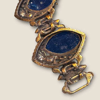 Dramatic Vintage Panel Link Bracelet with Carved Blue Celluloid Cabochons & Sapphire-Blue Rhinestones