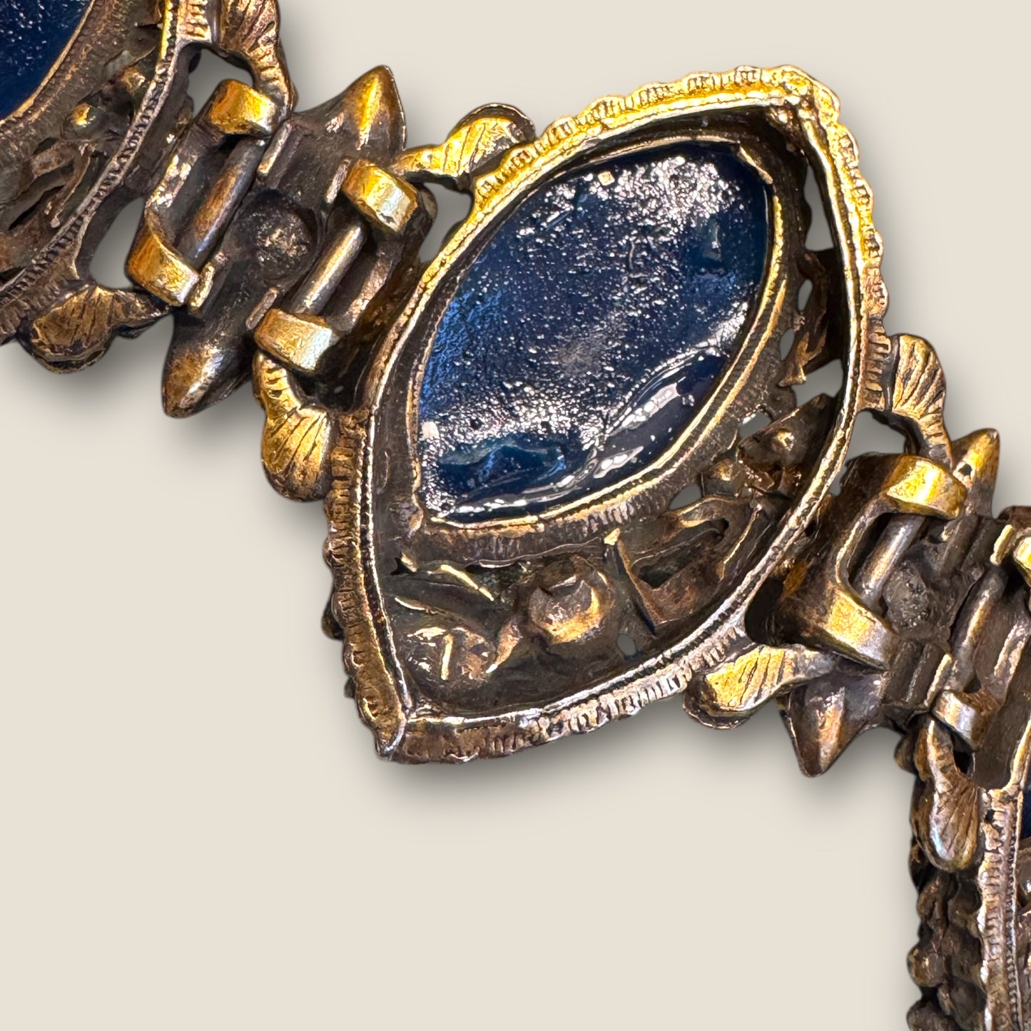 Dramatic Vintage Panel Link Bracelet with Carved Blue Celluloid Cabochons & Sapphire-Blue Rhinestones