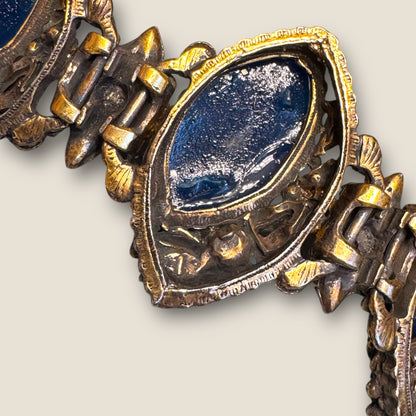 Dramatic Vintage Panel Link Bracelet with Carved Blue Celluloid Cabochons & Sapphire-Blue Rhinestones
