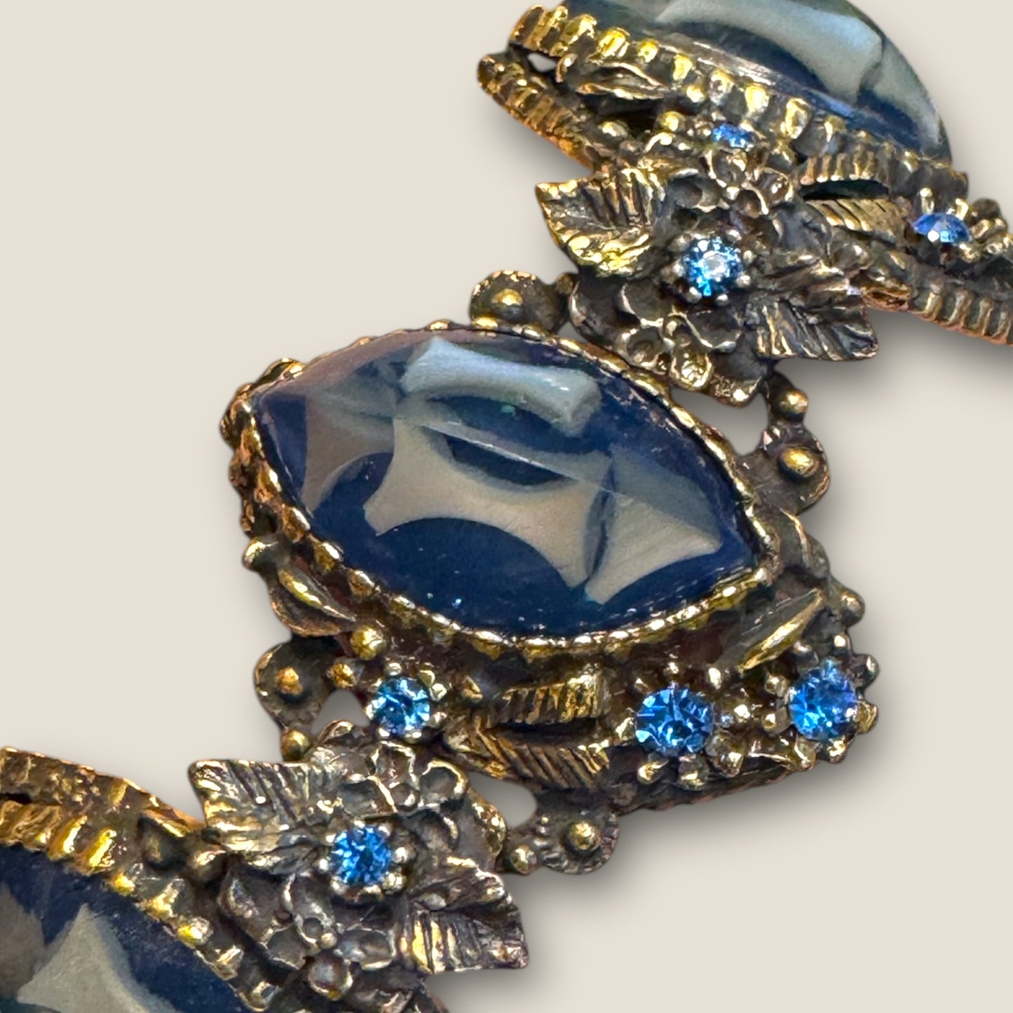 Dramatic Vintage Panel Link Bracelet with Carved Blue Celluloid Cabochons & Sapphire-Blue Rhinestones