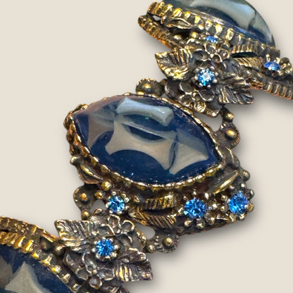 Dramatic Vintage Panel Link Bracelet with Carved Blue Celluloid Cabochons & Sapphire-Blue Rhinestones