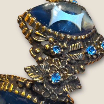 Dramatic Vintage Panel Link Bracelet with Carved Blue Celluloid Cabochons & Sapphire-Blue Rhinestones