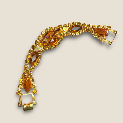 Vintage Gold Tone Rhinestone Panel Link Bracelet with Topaz & Root Beer Navettes