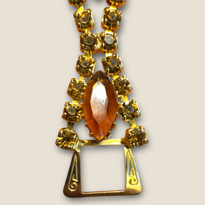Vintage Gold Tone Rhinestone Panel Link Bracelet with Topaz & Root Beer Navettes