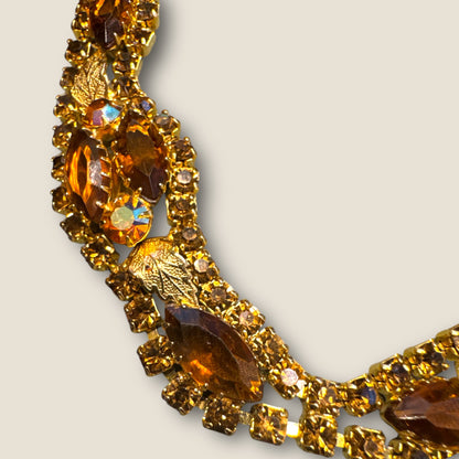 Vintage Gold Tone Rhinestone Panel Link Bracelet with Topaz & Root Beer Navettes