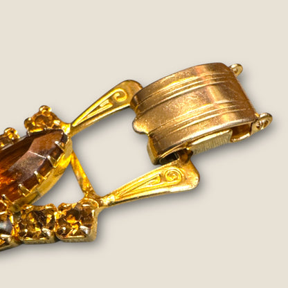 Vintage Gold Tone Rhinestone Panel Link Bracelet with Topaz & Root Beer Navettes