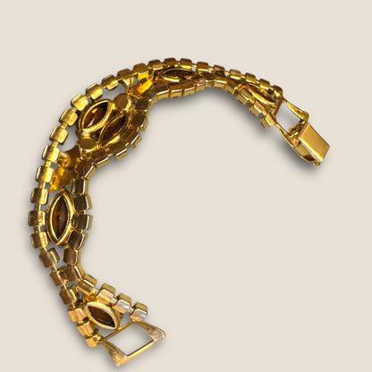 Vintage Gold Tone Rhinestone Panel Link Bracelet with Topaz & Root Beer Navettes
