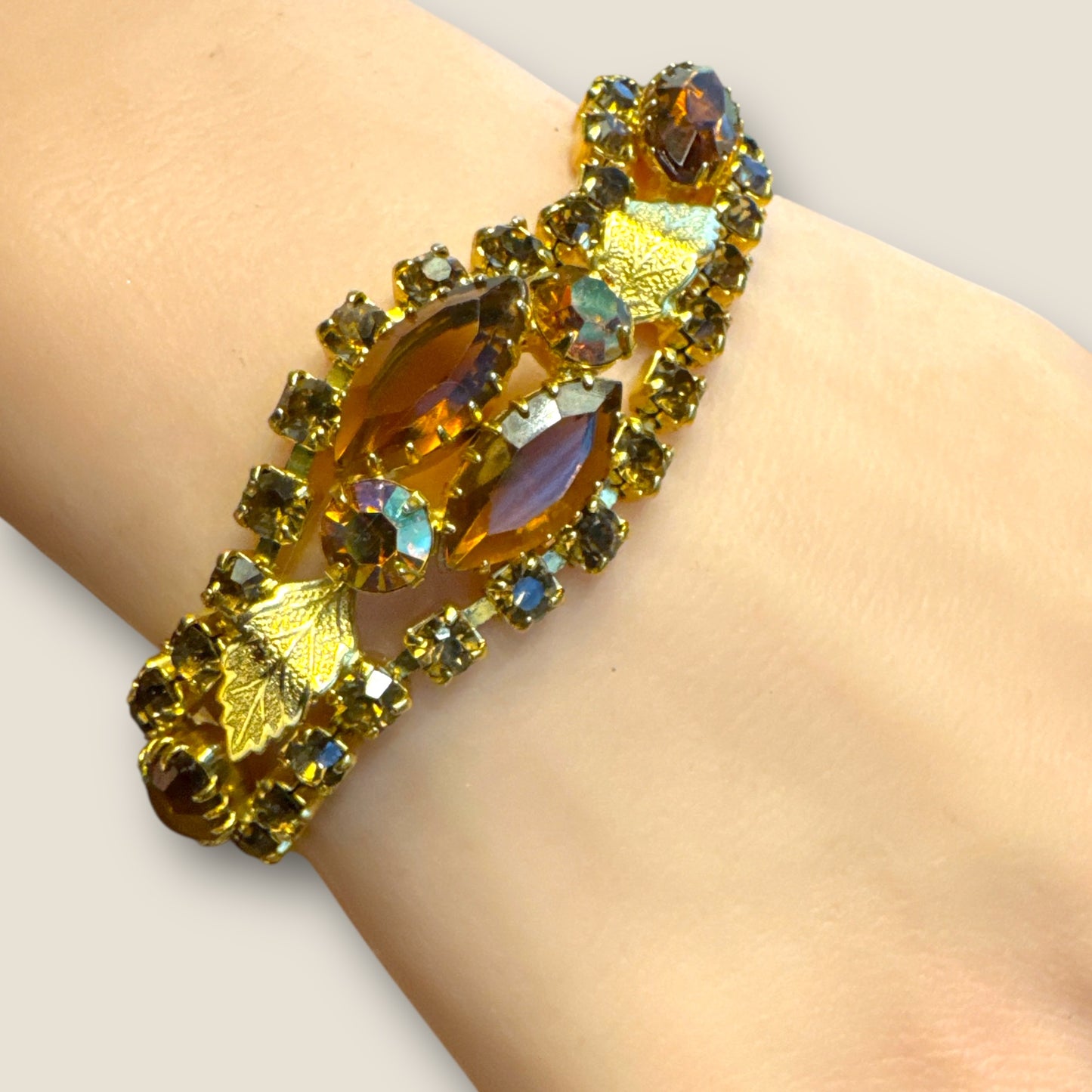 Vintage Gold Tone Rhinestone Panel Link Bracelet with Topaz & Root Beer Navettes