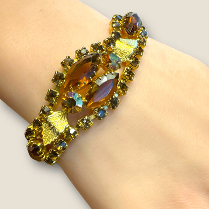 Vintage Gold Tone Rhinestone Panel Link Bracelet with Topaz & Root Beer Navettes