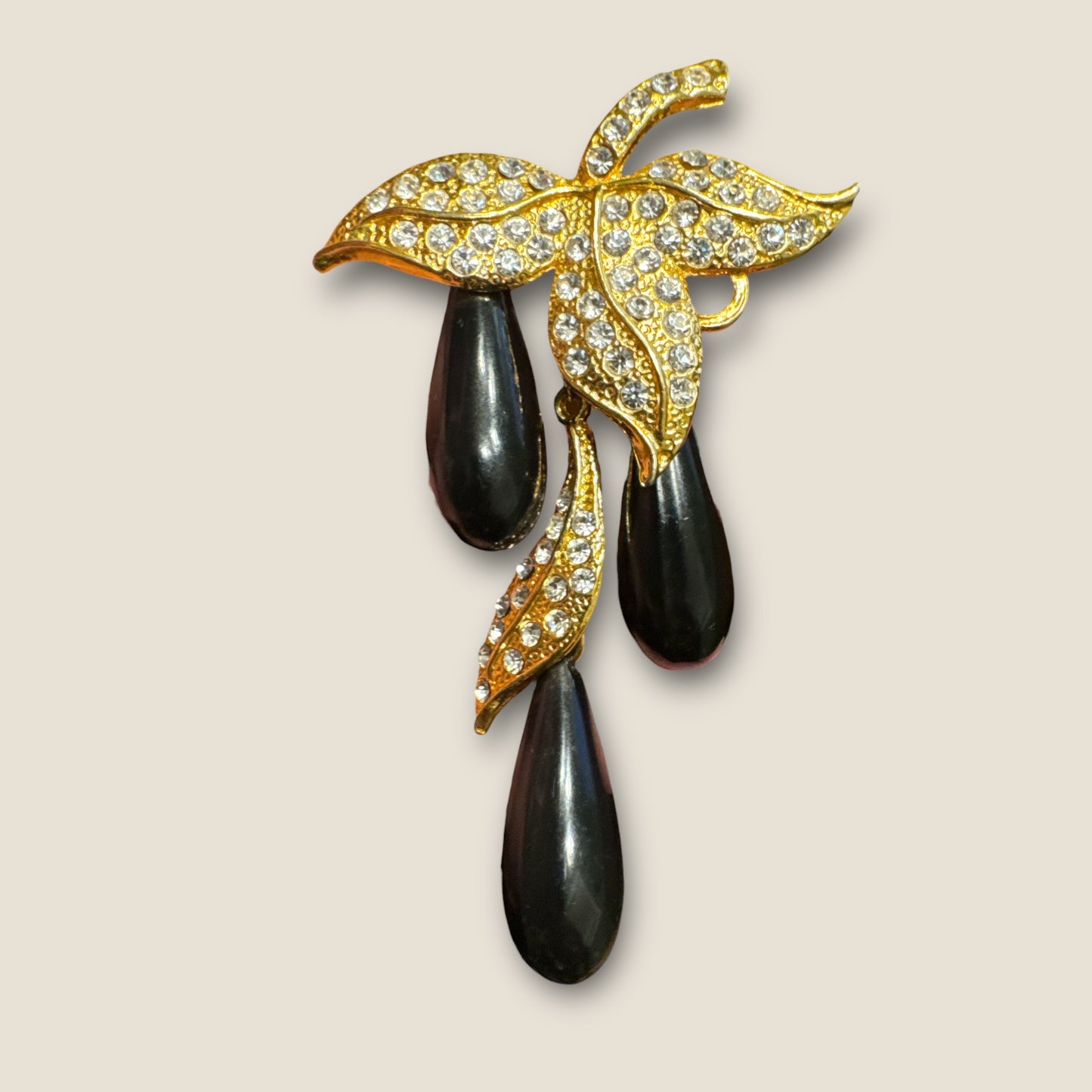 Vintage Rhinestone Leaf Dangle Brooch with Black Lucite Teardrops