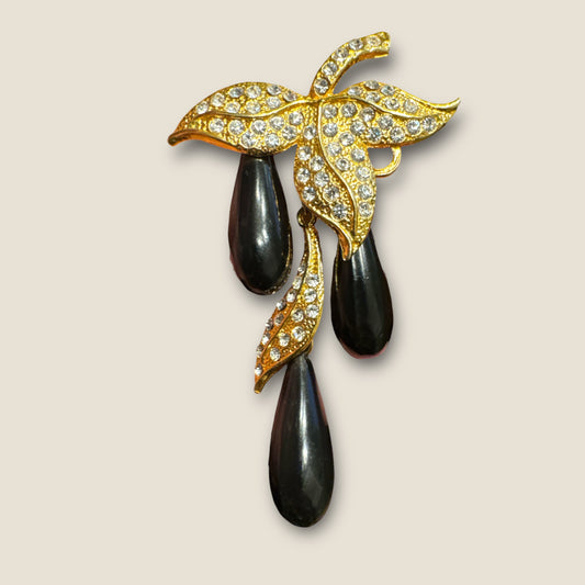 Vintage Rhinestone Leaf Dangle Brooch with Black Lucite Teardrops