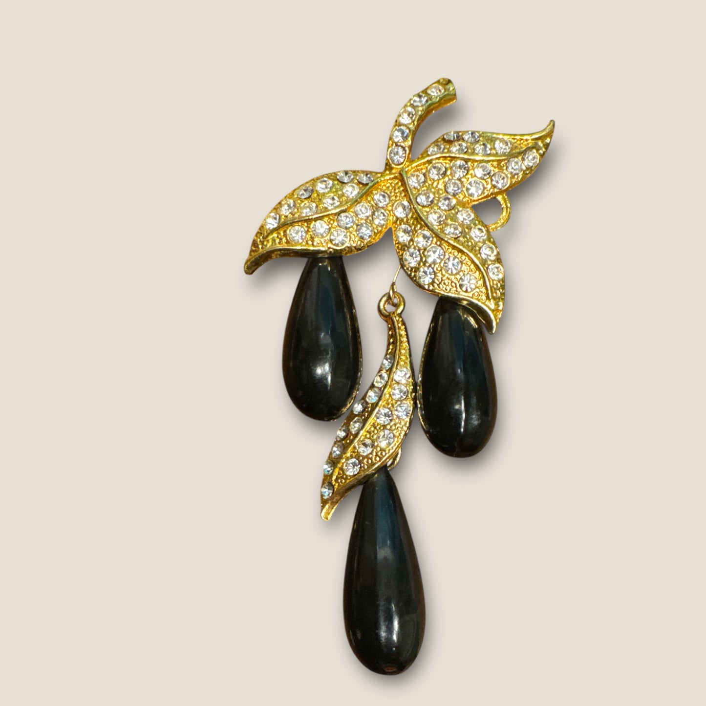 Vintage Rhinestone Leaf Dangle Brooch with Black Lucite Teardrops