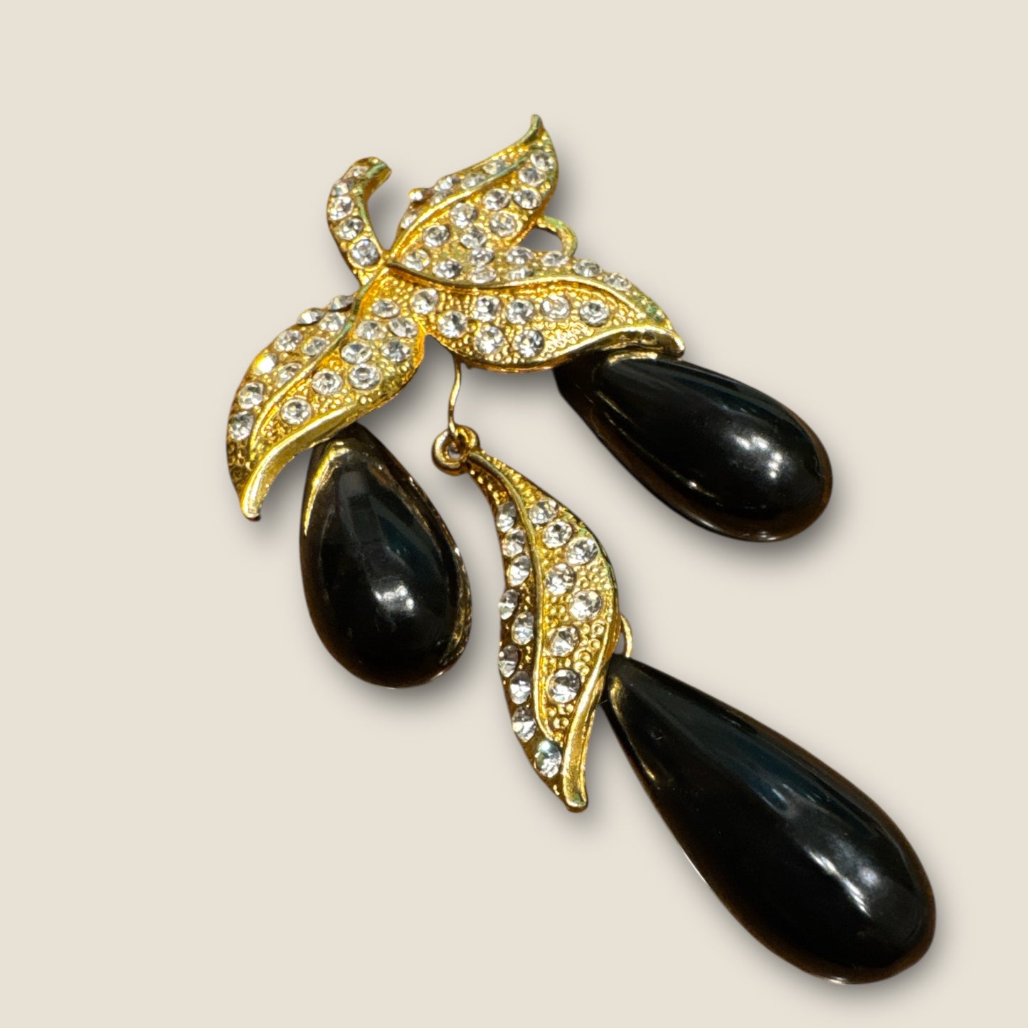 Vintage Rhinestone Leaf Dangle Brooch with Black Lucite Teardrops