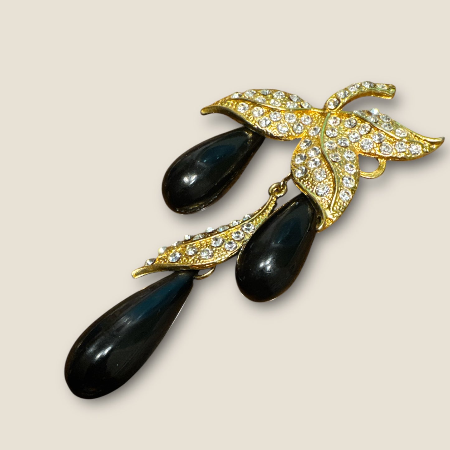 Vintage Rhinestone Leaf Dangle Brooch with Black Lucite Teardrops
