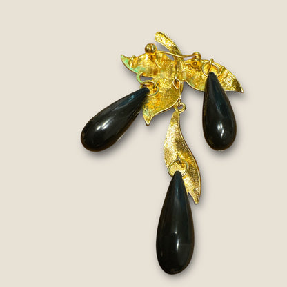 Vintage Rhinestone Leaf Dangle Brooch with Black Lucite Teardrops