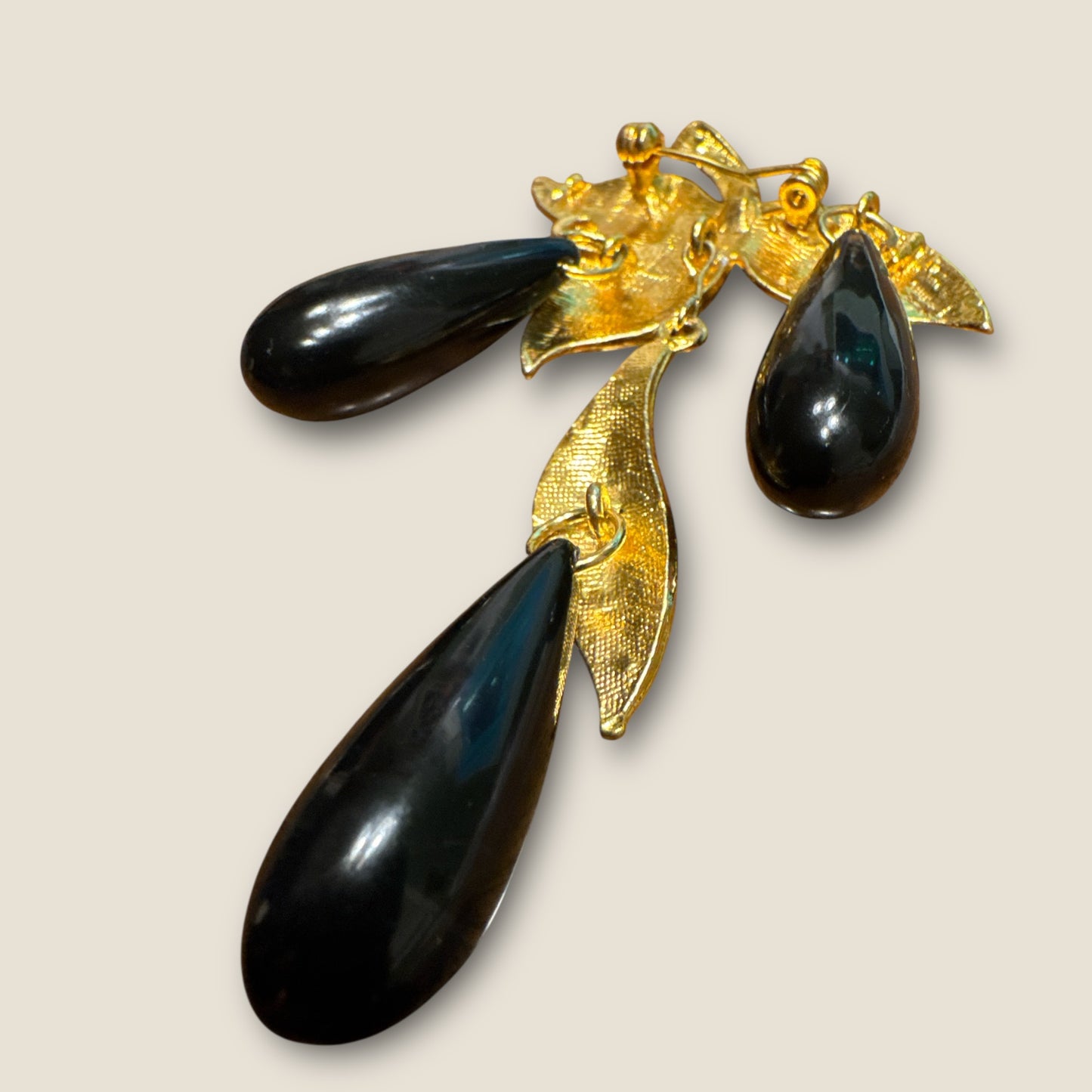 Vintage Rhinestone Leaf Dangle Brooch with Black Lucite Teardrops
