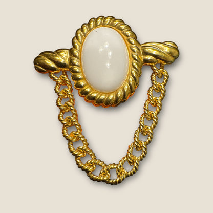 Vintage MONET Gold-Tone Chain Swag Brooch with White Lucite Cabochon