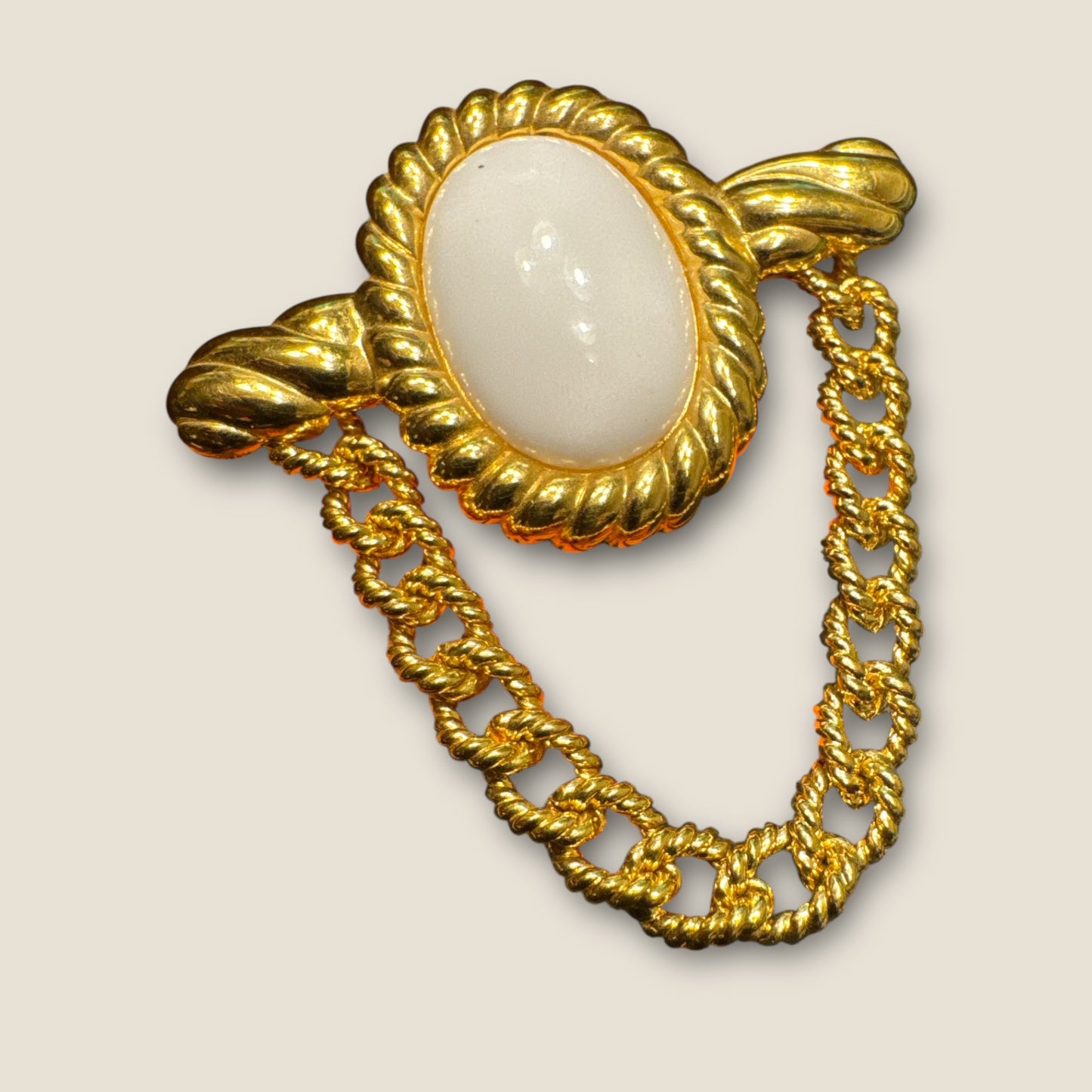 Vintage MONET Gold-Tone Chain Swag Brooch with White Lucite Cabochon