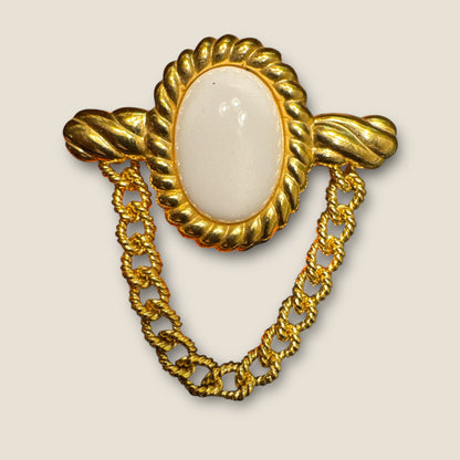 Vintage MONET Gold-Tone Chain Swag Brooch with White Lucite Cabochon