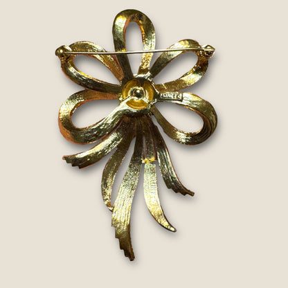 Vintage Monet Gold-Tone Ribbon Statement Brooch – Sculptural Textured Bow Pin