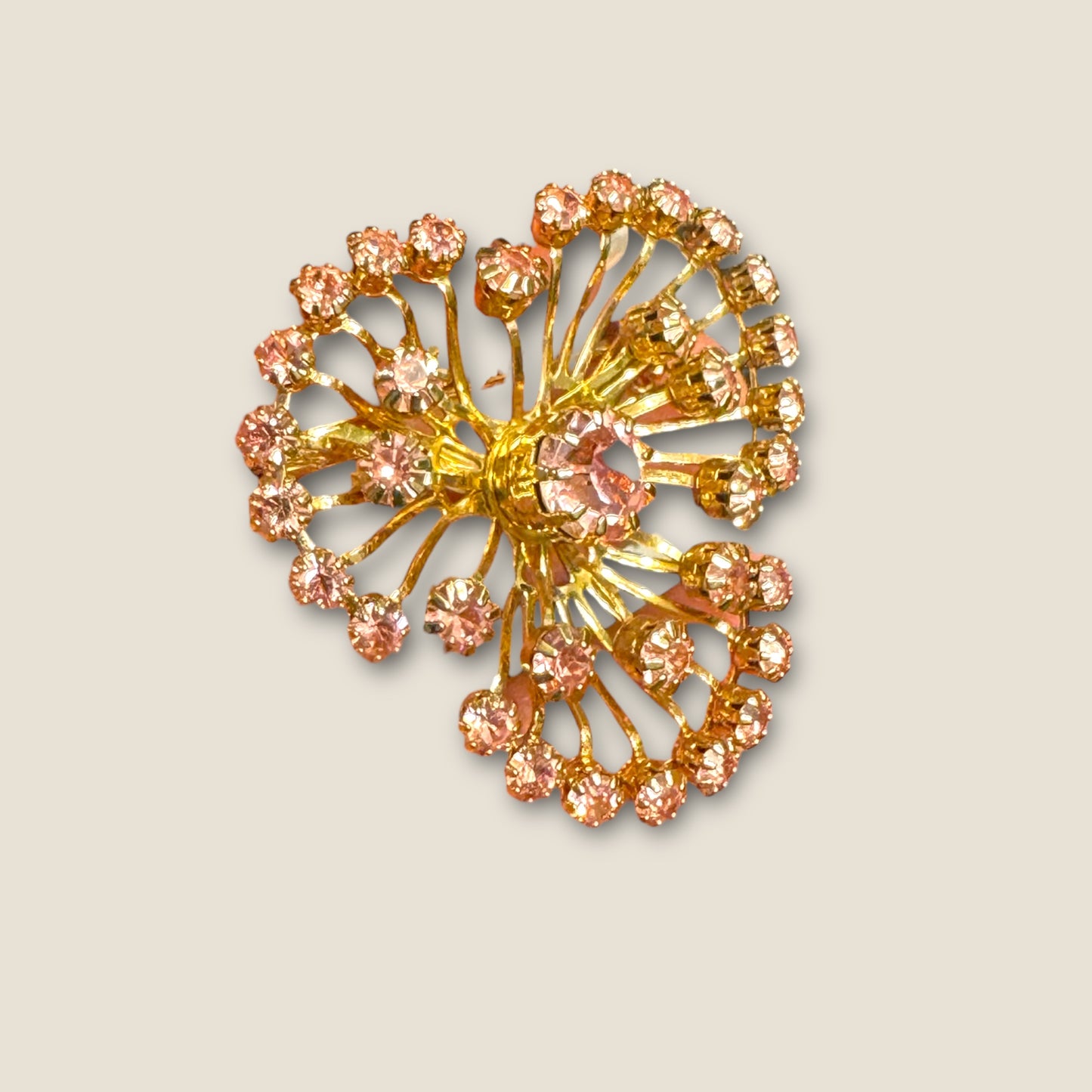 Vintage Pink Rhinestone Firework Spray Brooch – Gold Tone Mid-Century Statement