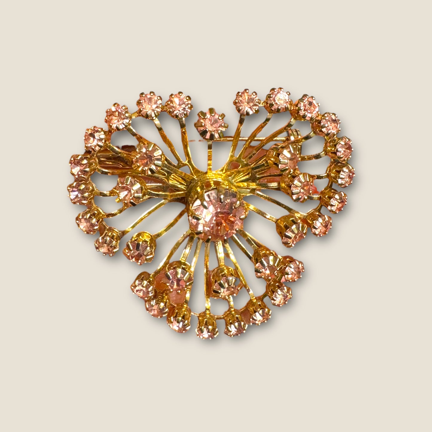 Vintage Pink Rhinestone Firework Spray Brooch – Gold Tone Mid-Century Statement