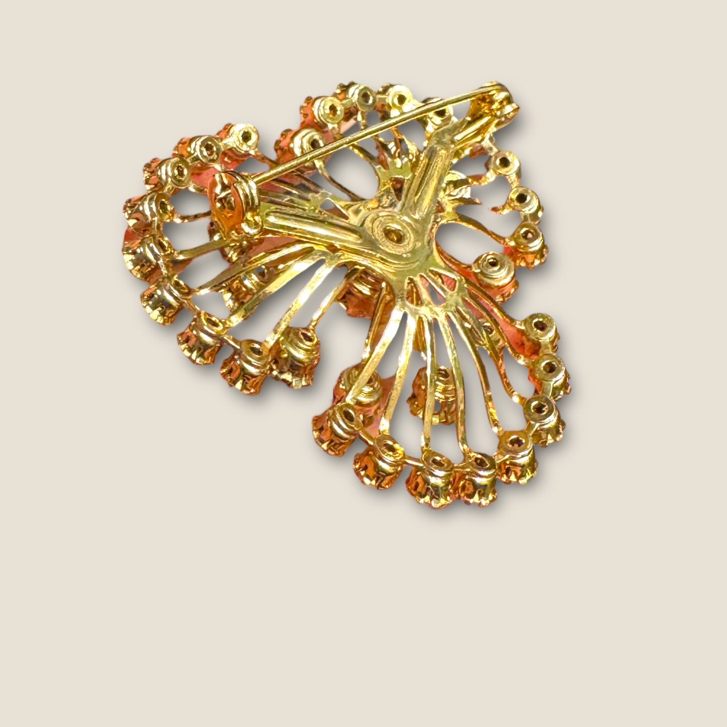 Vintage Pink Rhinestone Firework Spray Brooch – Gold Tone Mid-Century Statement