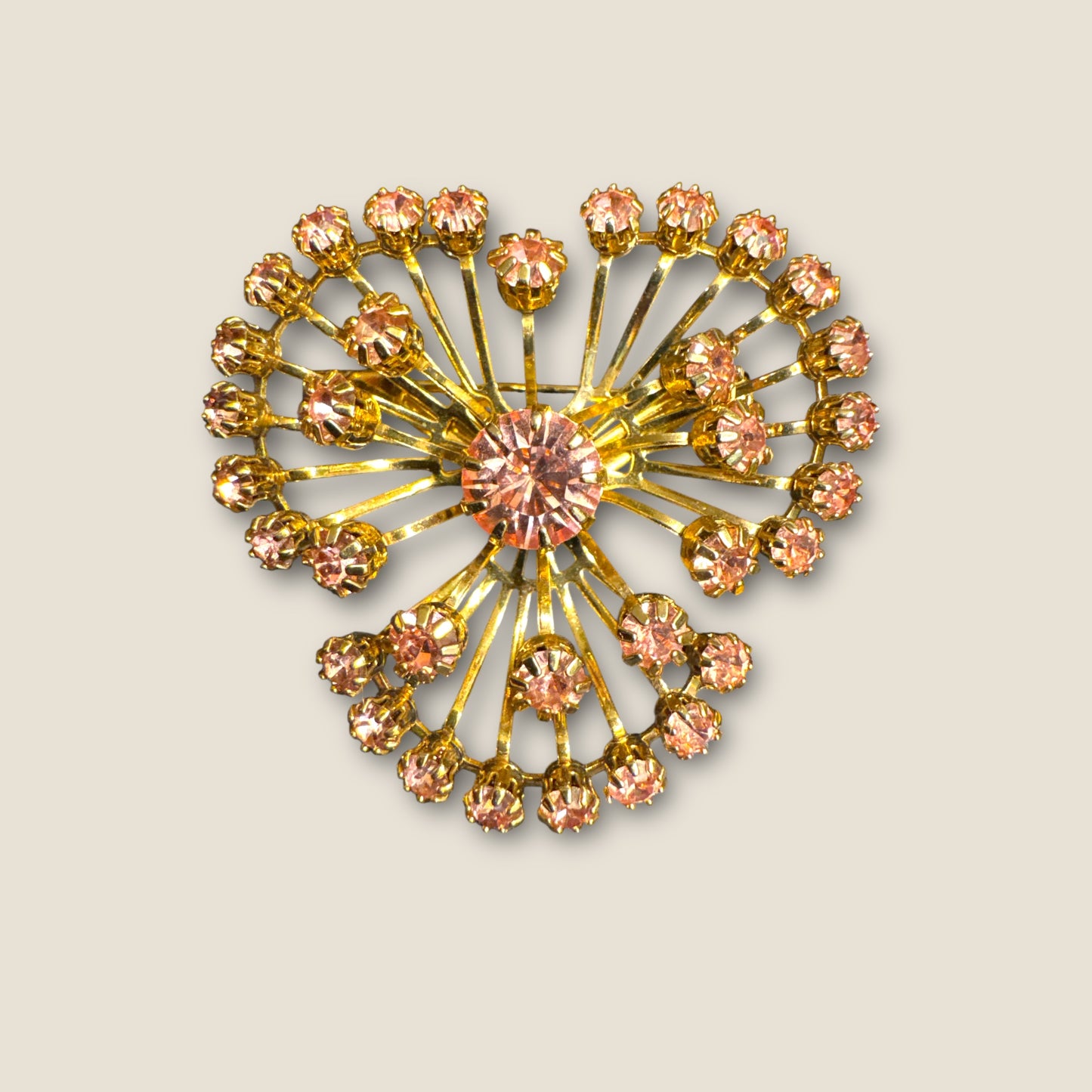 Vintage Pink Rhinestone Firework Spray Brooch – Gold Tone Mid-Century Statement