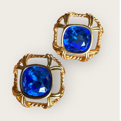 Vintage Swarovski Crystal Knot Earrings with Sapphire Blue Cushion Stones – Signed Swan, Gold-Tone Statement Posts
