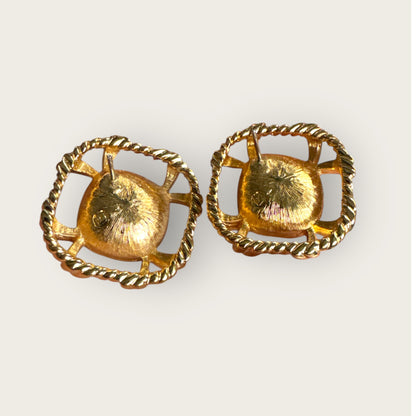 Vintage Swarovski Crystal Knot Earrings with Sapphire Blue Cushion Stones – Signed Swan, Gold-Tone Statement Posts
