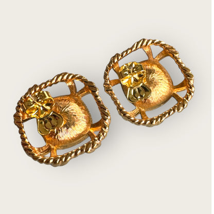 Vintage Swarovski Crystal Knot Earrings with Sapphire Blue Cushion Stones – Signed Swan, Gold-Tone Statement Posts