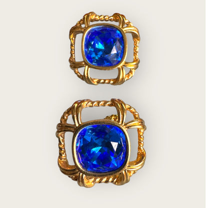 Vintage Swarovski Crystal Knot Earrings with Sapphire Blue Cushion Stones – Signed Swan, Gold-Tone Statement Posts