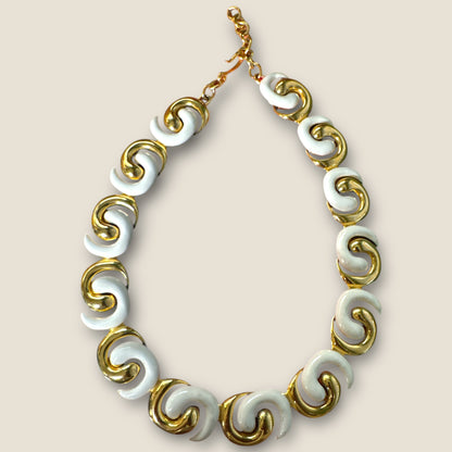 Vintage Monet Cream Enamel Sculptural Swirl Necklace – Gold-Tone Articulated Choker (Signed Monet)