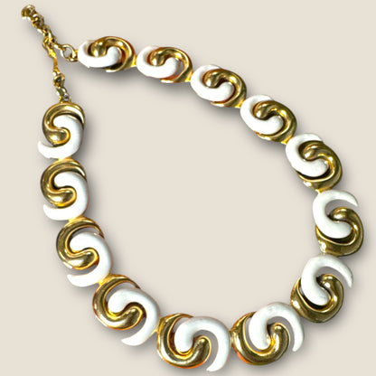 Vintage Monet Cream Enamel Sculptural Swirl Necklace – Gold-Tone Articulated Choker (Signed Monet)