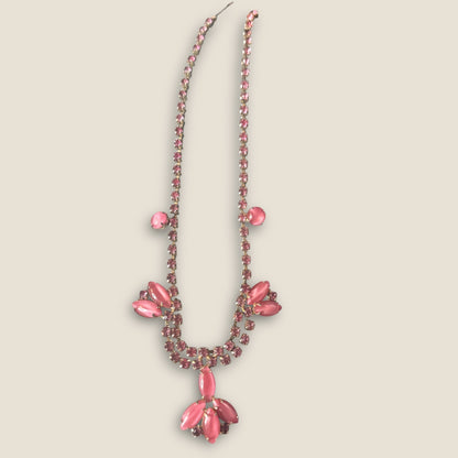 Vintage Pink Satin Glass Moonglow & Rhinestone Choker Necklace – 1950s Statement Jewelry