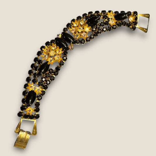 Vintage Black Rhinestone & Aurora Borealis Floral Statement Bracelet