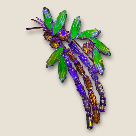 Vintage Uranium Glass & Topaz Rhinestone Spray Brooch